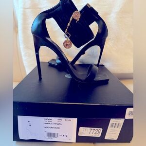 Black Versace rhinestone safety pin stiletto sandals Size 41- FIT size 10